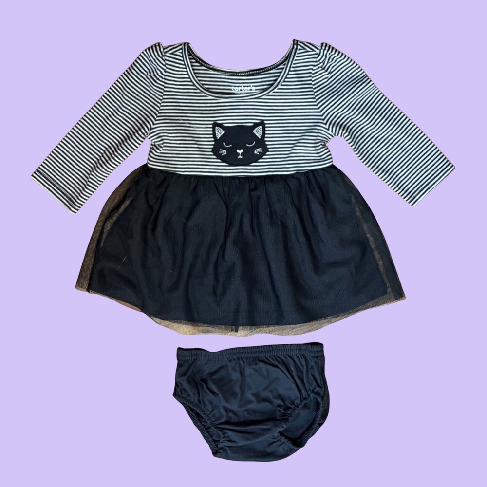 Girl Halloween Black Cat TuTu Dress 18 Months Stripes w/ Bloomers Cute NWT